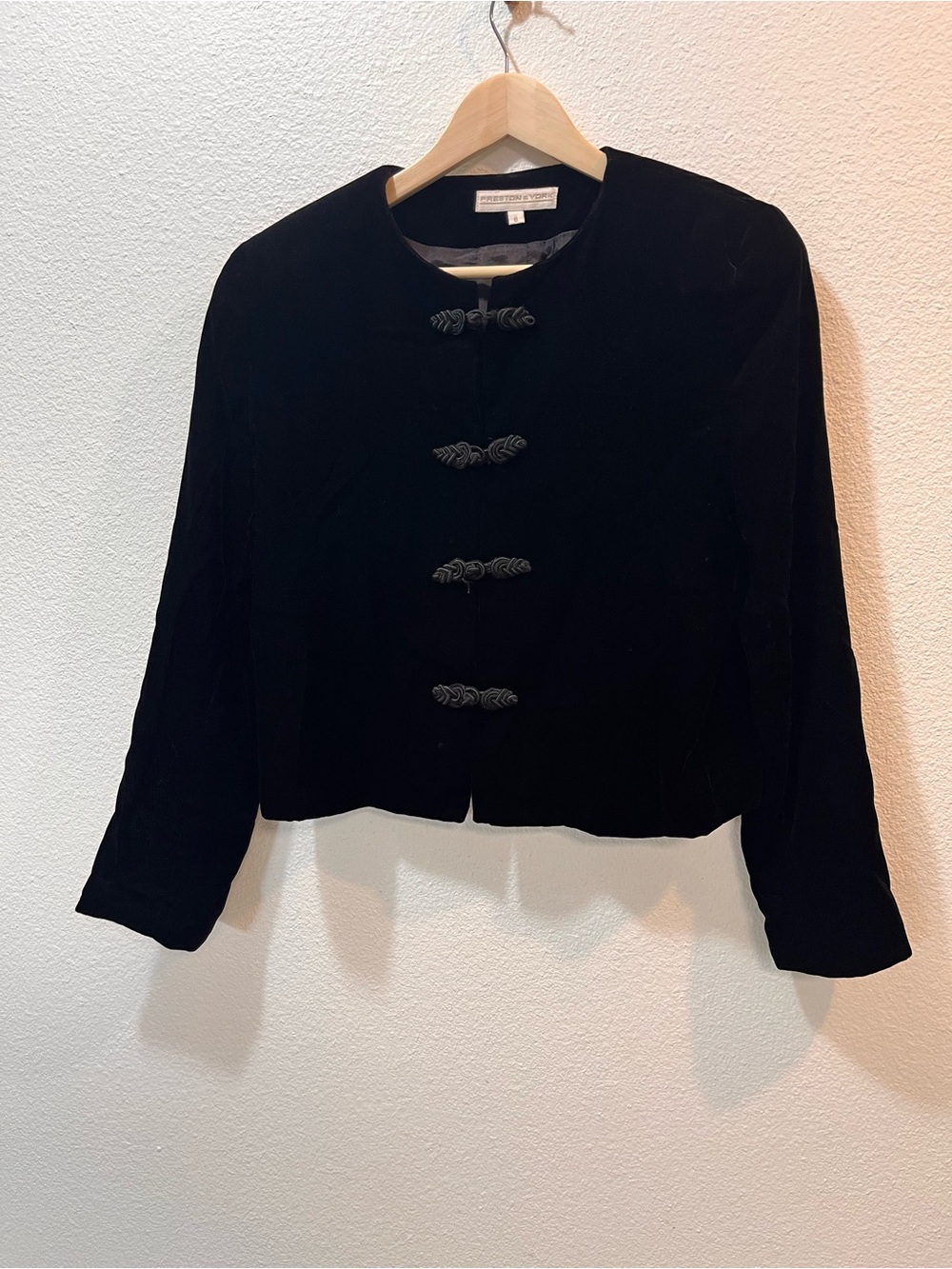 Preston & York Black Velvet Cropped Jacket with Decorative Frogs